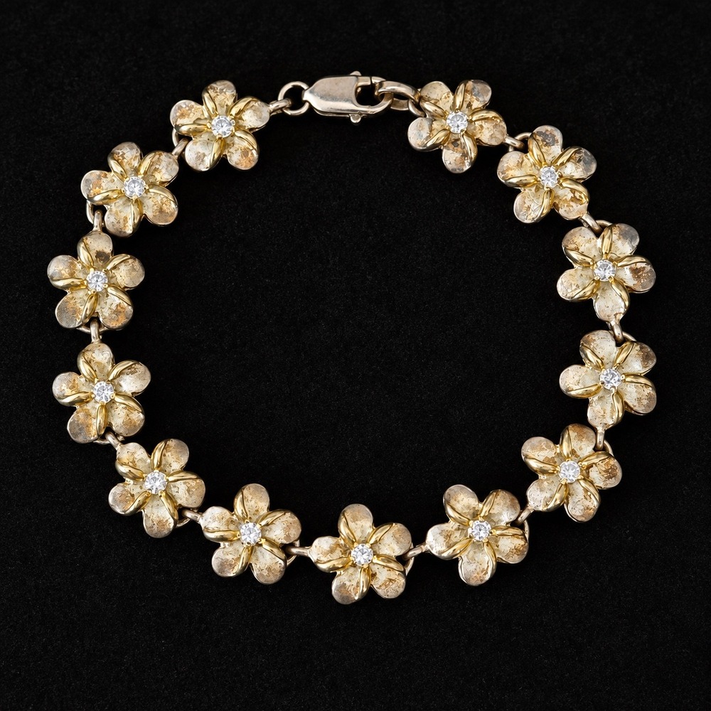 Vintage Sterling Silver 925 Plumeria Flower Link Bracelet CZ Two Tone 7 inch